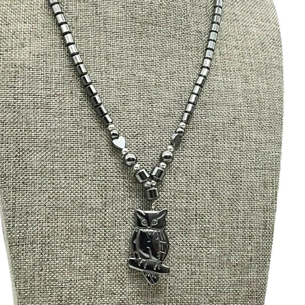 Hematite Owl Pendant Necklace 18"